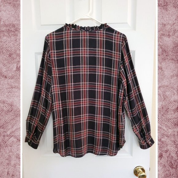 Loft Navy Plaid Blouse LIKE NEW - Picture 5 of 6